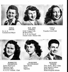 Six graduating seniors of the Santa Rosa High School Class of 1947 (including my cousin-once-removed, Marjorie, bottom center).